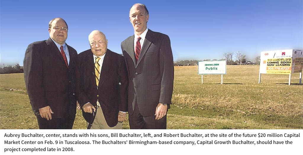Aubrey Buchalter, center, stands with his sons, Bill Buchalter, left, and Robert Buchalter, at the site of the future $20 million Capital Market Center on Feb. 9 in Tuscaloosa. The Buchalters' Birmingham­based company, Capital Growth Buchalter, should have the project completed late in 2008.